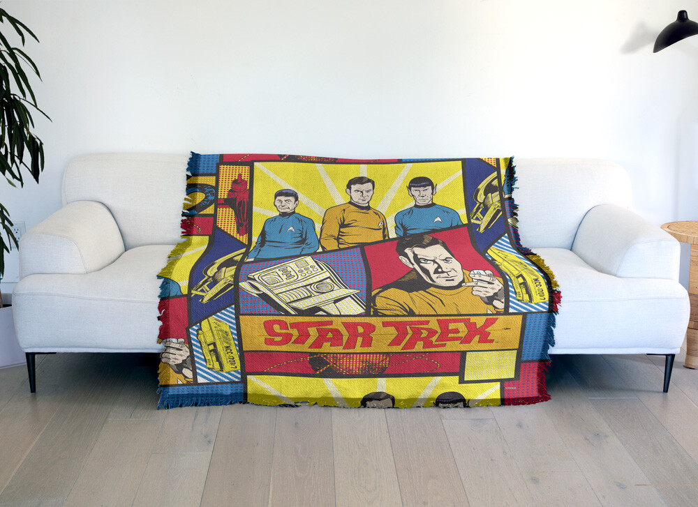 Star Trek Blanket, 50"x60" Classic Pop Art Tiles Woven Cotton Blend Throw