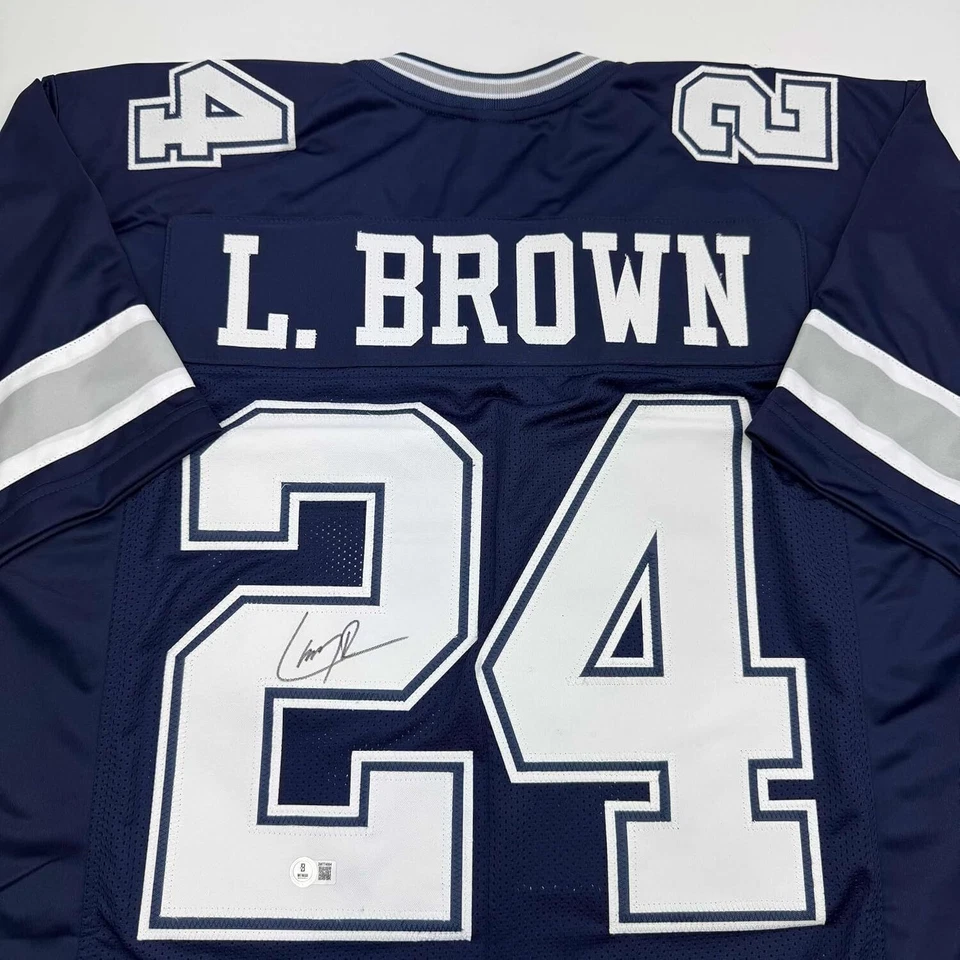 Camiseta de fútbol americano azul Dallas 35x39 Larry Brown autografiada/firmada enmarcada certificado de autenticidad BAS Foto 2 de 2