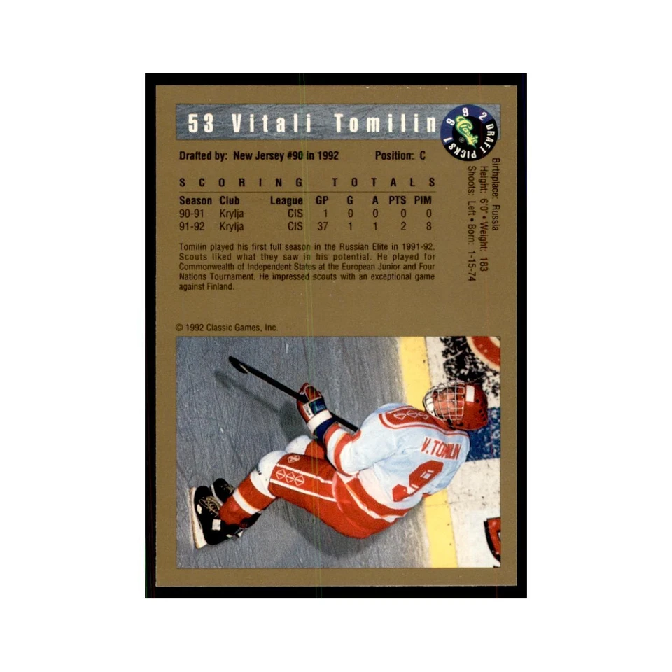 1992 Classic Draft Picks Vitali Tomilin Hockey Cards #53 - Image 2 of 3