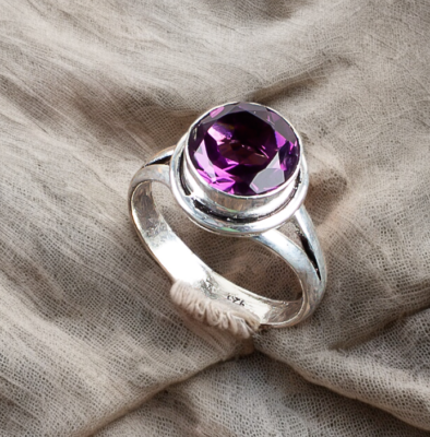 Handmade 925 Sterling Silver Amethyst Ring – Lab-Created Oval Gemstone, Stackable Band, AGI Certified