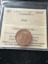 1951  ICCS Graded Canadian, Small One Cent, **MS-65** # XMY 139