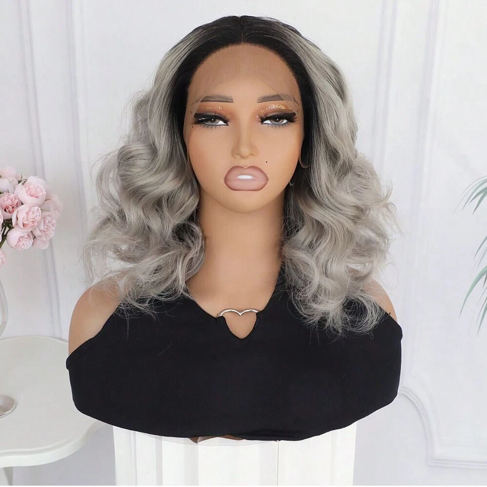 Парики Ombre серые короткие волнистые Bob 13x4 кружевные спереди синтетические теплобезопасные для женской вечеринки - Изображение 2 из 4