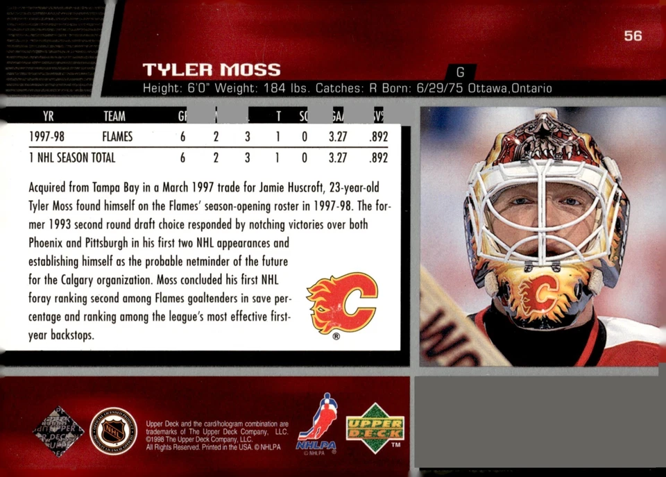 Tyler Moss - Signed 1998-99 Upper Deck Rookie Card #56 - Calgary Flames - Image 2 of 2