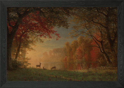 Autumn Landscape with Deer by Lake Framed Wall Art Poster Canvas Print Picture