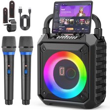 Karaoke Machine with Two Wireless Microphones, Portable Speaker with LED