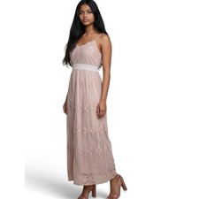 PINKY Boho Lace Maxi Dress Dusty Rose Pink Sheer Overlay Fully Lined Size M