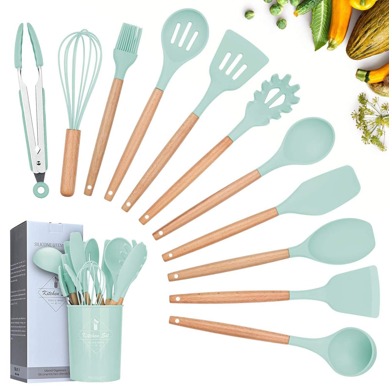 Ustensiles de cuisine en silicone anti-rayure et manche bois isolant, set de 12