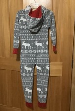 Tipsy Elves Youth Fleece Hooded One Piece Pajamas Size XL Gray Snowflake Moose