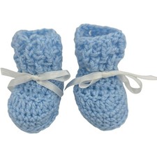 Vintage Handmade Crochet Baby Booties Blue White Ribbon Ties 3 Inch Foot