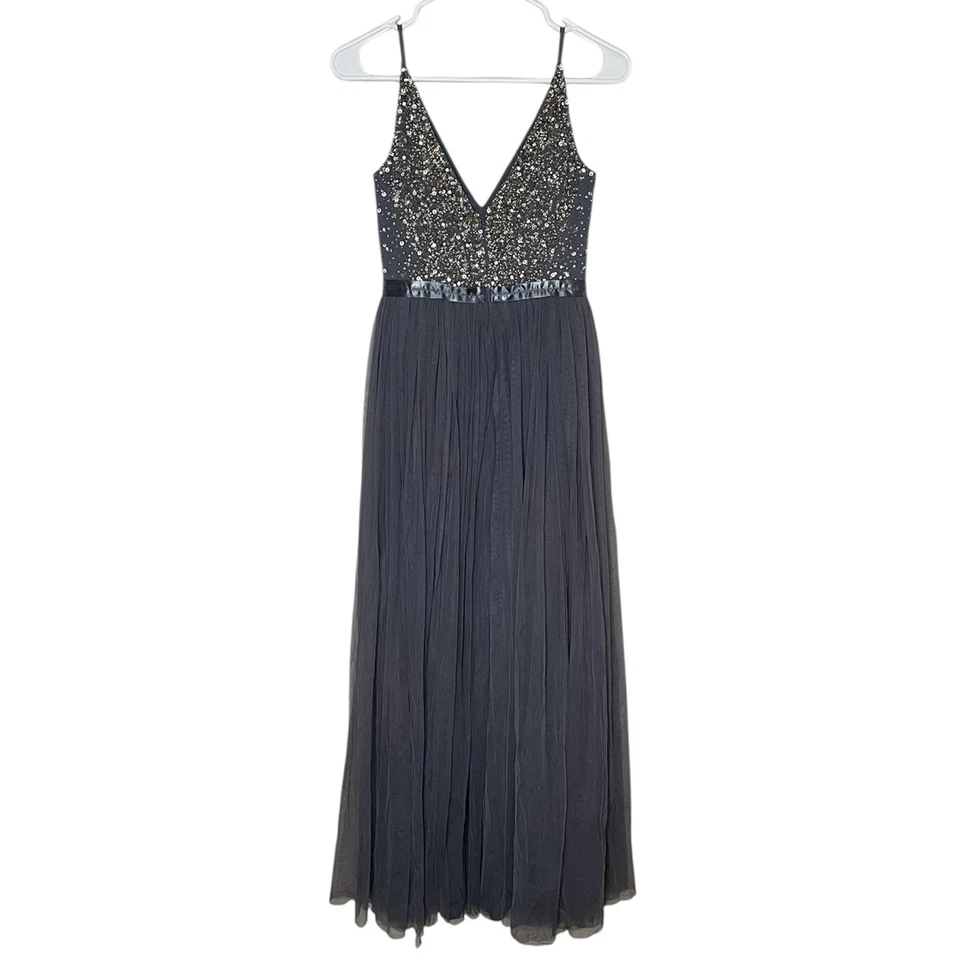 Платье макси BHLDN Anthropologie Avery тюлевое с бисером гортензия размер 0 - Изображение 2 из 4