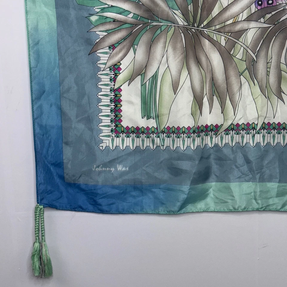 Cachecol de seda Johnny Was borboletas estampa tropical floral borlas verdes azuis - Imagem 2 de 4