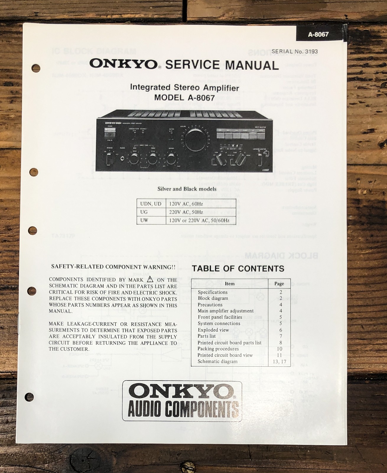 Onkyo A-8067 Amplifier Service Manual *Original*