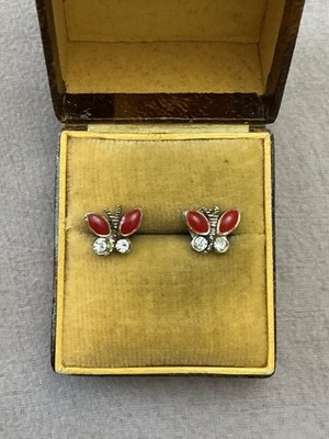 SCHMETTERLING EMAILLE SCHÖNE ALTE OHRRINGE AUS MASSIV SILBER