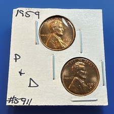 1959-P & D Lincoln Memorial Cents. Two GEM BU Coins From OBW Rolls. #5911