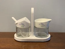 Rare Vintage Gemco Creamer, Sugar, & Caddy Set Corelle Shadow Iris & Spoon