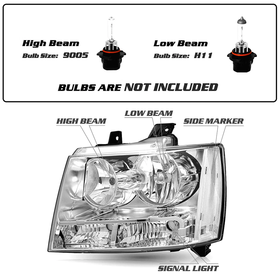For 2007-2014 Chevy Avalanche Chevrolet Suburban Tahoe Chrome Headlights 07-14 - Image 2 of 4
