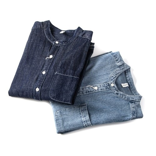 Men's Retro Japanese Streetwear Workwear Denim Collarless L/S Button Up Shirt - Picture 8 of 29