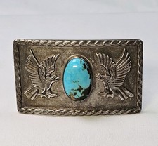 Vintage Sterling Silver Natural Turquoise Belt Buckle Applied Eagles Signed FAS