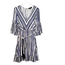 Lulus Cast Away Striped Blue and White Tassel Belted Skater Dress Women's Size M