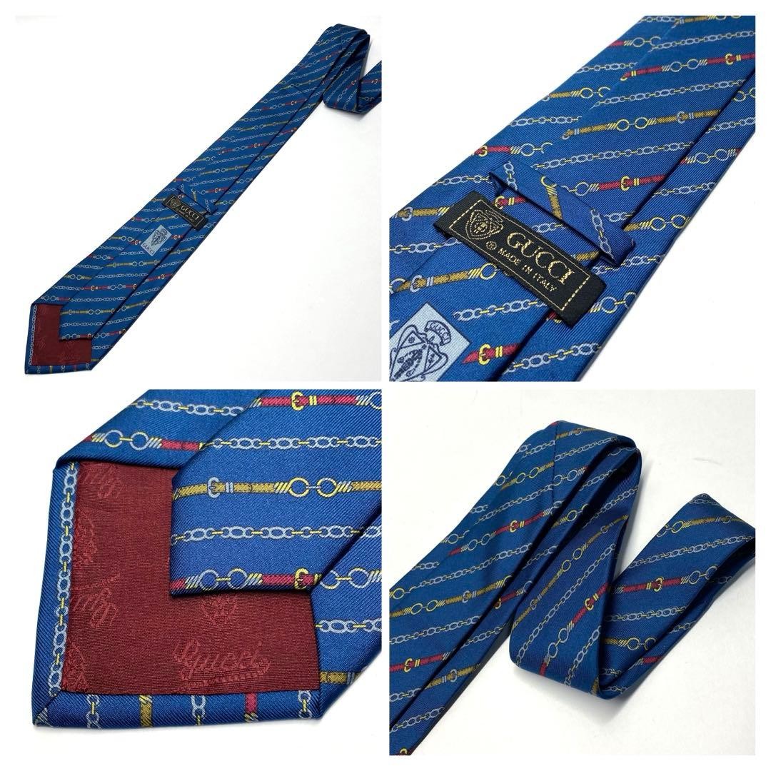 Gucci Necktie Tie 100% Silk Blue Chain Striped Pattern 3.5 inches From Japan thumbnail 23