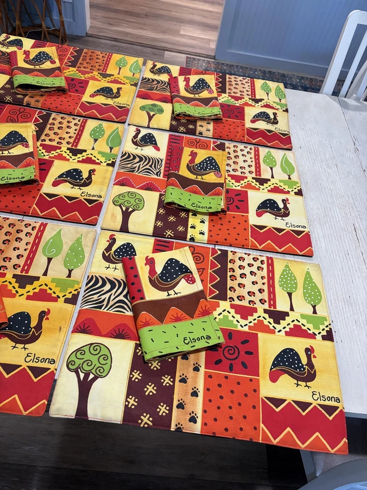 Elsona Placemats Napkins Set Hand Painted African Guinea Fowl 100% Cotton Decor - Image 3 of 4
