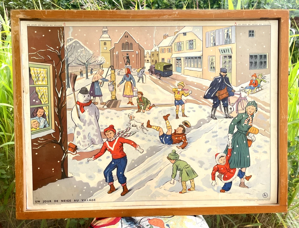 superbe ancienne affiche scolaire rossignol bataille neige poste facteur - Photo 2/3