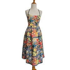 ASOS Tropical Multi Print Dress Scuba Open Back Fit Flare Tomato Girl Women 4