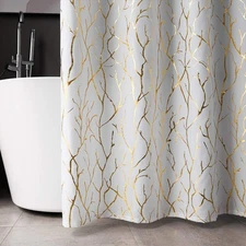 White Shower Curtain with Gold Branch Pattern 12 Hooks Included 72 x 72 Inch ...
