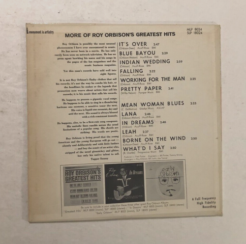 Roy Orbison More Hits MLP 8024 Mono Monument Records Vintage 1964 LP Vinyl - Picture 2 of 4