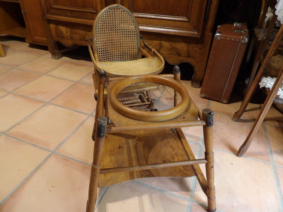Ancienne chaise en bois modulable,bébé,BAUMANN,cannage,roulettes,1920 - Photo 4/4