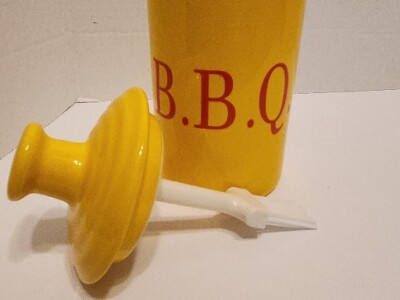 Vintage Pottery BAR-B-QUE SAUCE Crock Jar With Brush In Lid 