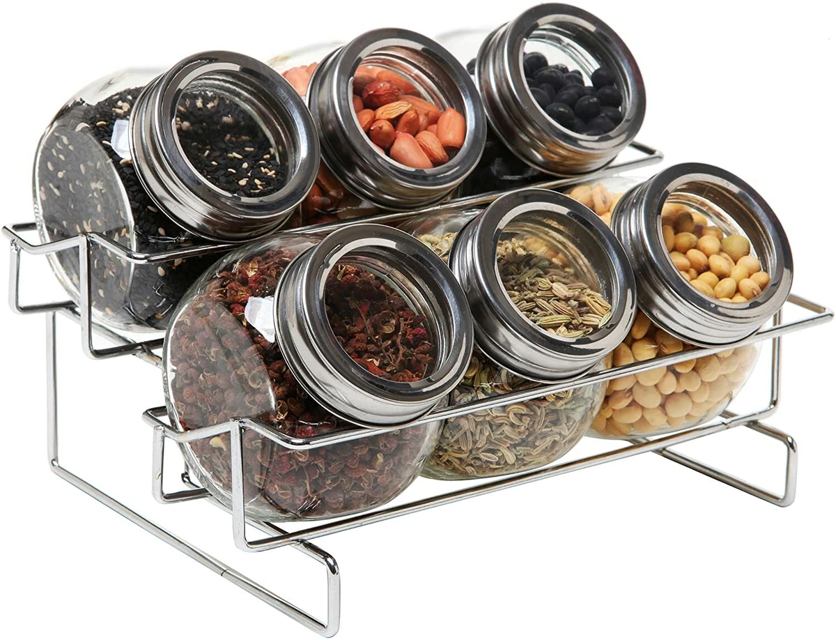 2 Tier Silver Metal Spice Rack Organizer with Glass Spice Container, Set of  6