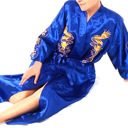 Mens Satin Chinese Dragon Kimono-Silk Bathrobe Pajamas Sleepwear Gown Bath Robe - Imagen 47 de 49