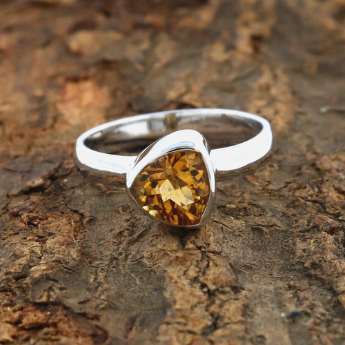 Bague En Citrine Naturelle Sur Argent 925 - Taille 57 Pierre Jaune Sans Traitement