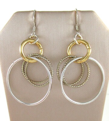 925 Sterling Silber Ohrringe Kreis Creolen Hänger Disco Bicolor Gelbgold Zopf