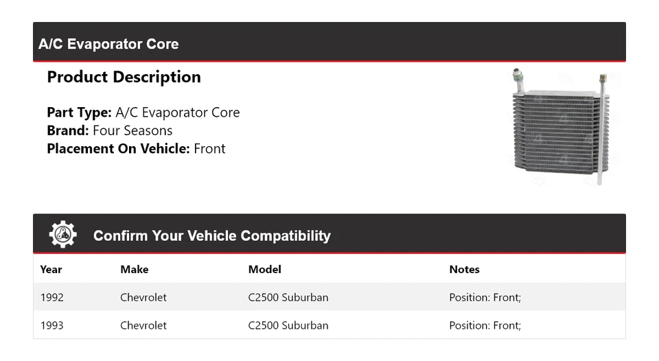 Para Chevrolet C2500 Suburban 1992-1993 A/C Evaporador Núcleo Delantero 4 Temporadas Foto 2 de 4