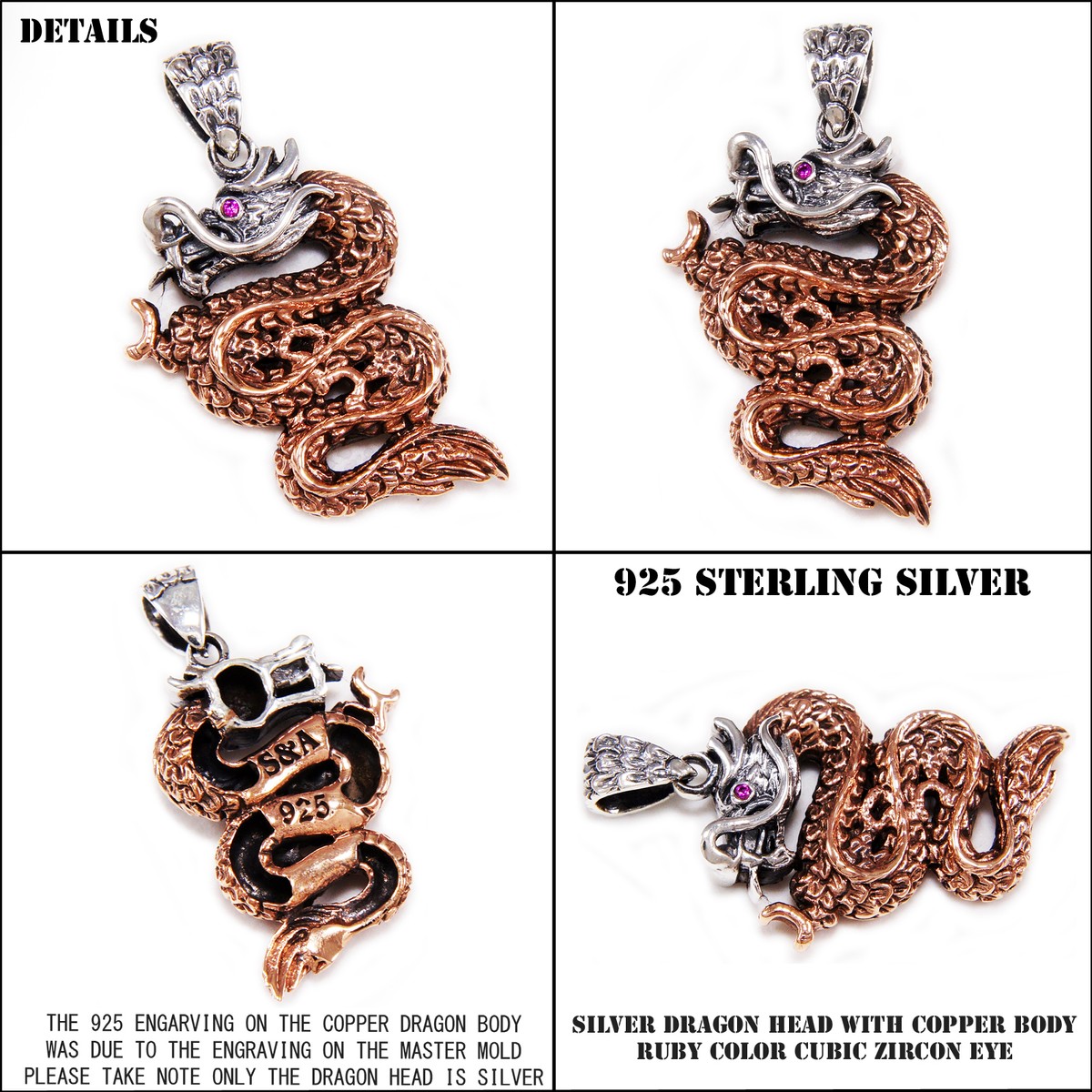 COPPER BODY JAPANESE DRAGON 925 STERLING SILVER BIKER GOTHIC COPPER BODY JAPANESE DRAGON 925 STERLING SILVER BIKER GOTHIC