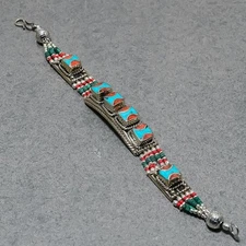 Tibetan Turquoise Red Coral Handmade Ethnic Jewelry Nepali Bracelet 7" SR 2081