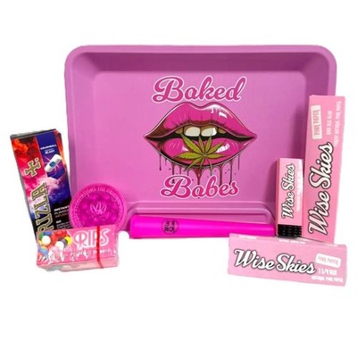 Wise Skies Baked Babes Pink Rolling Tray St Bundle Rips Rizla Tabacco Papers
