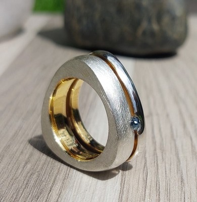 2nd Chance - toller 2 in 1 Ring blauen Rosendiamant vergoldet RG 55-56 Design