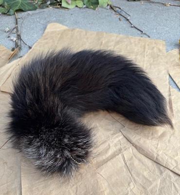 Real Fluffy Dyed Black Silver Fox Tail Bag Charm Keychain Made in USA