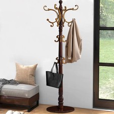 Coat Rack Freestanding, Wooden Coat Tree with Stable Round Base, Vintage Heav...