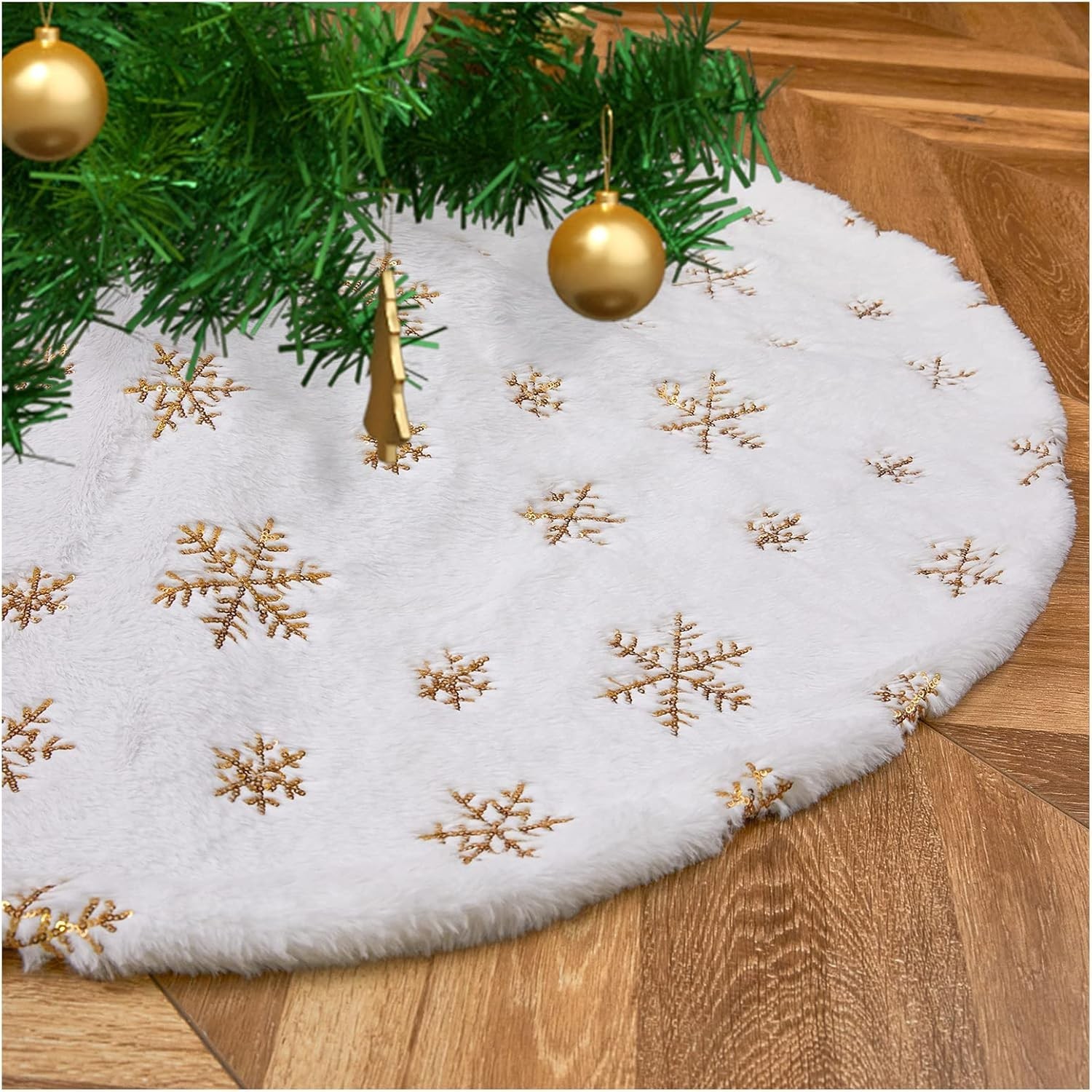 White Faux Fur Tree Skirt Gold Sequin Snowflakes Skirts 24 Inches Mini ...