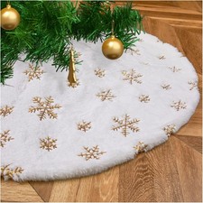 White Faux Fur Tree Skirt Gold Sequin Snowflakes Skirts 24 Inches Mini Christmas