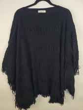 Jon & Anna Contemporary Black Knit Poncho One Size Fringe Hem Textured Boho Cape