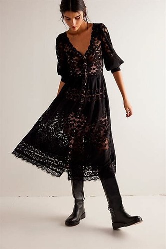 Free People Shadow Dance Midi Dress Size X Small Black Lace Under slip Included