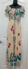 Davi & Dani Beige Floral Maxi Dress Tie Waist Short Sleeve Scoop Neck Size M