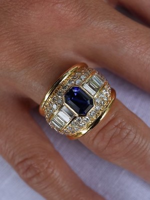 5.85 Ctw Emerald Cut Blue Sapphire Classy Mens Ring 14K Yellow Gold Plated.