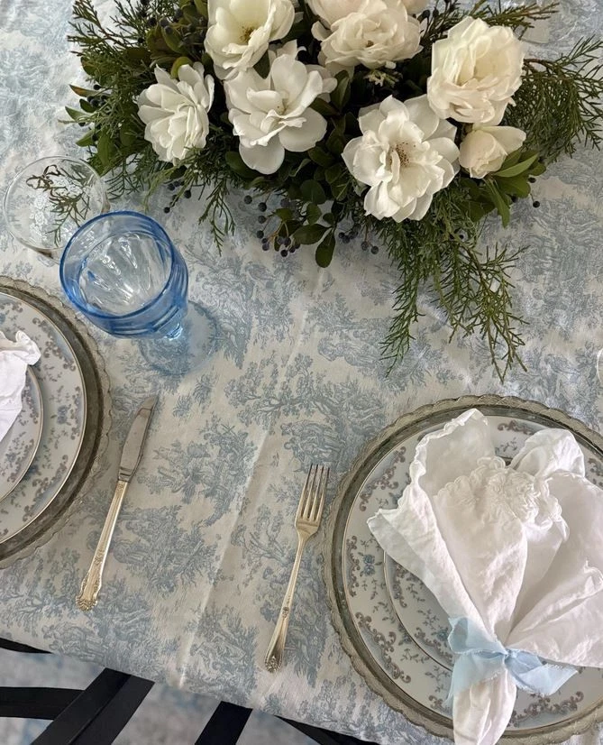 Toile Tablecloth French Colonial Home Decor Pink Blue Baby Wedding Shower Linens - Image 4 of 4