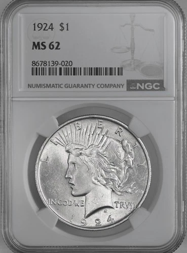 1924-P  $1 PEACE SILVER DOLLAR  "PHILADELPHIA MINT"  NGC MS62 #8678139-020
